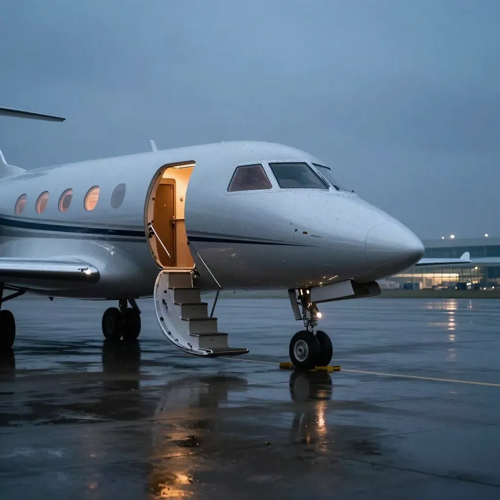Silver private jet on a rain-slick apron at blue hour, open airstair glowing beside a distant terminal.