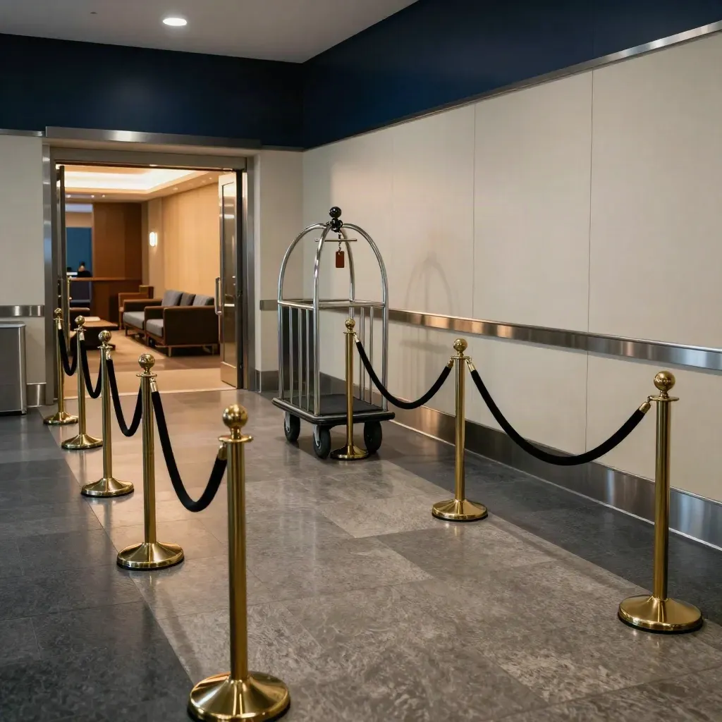 Private terminal arrival lane with brass stanchions, baggage cart and glowing lounge doorway.