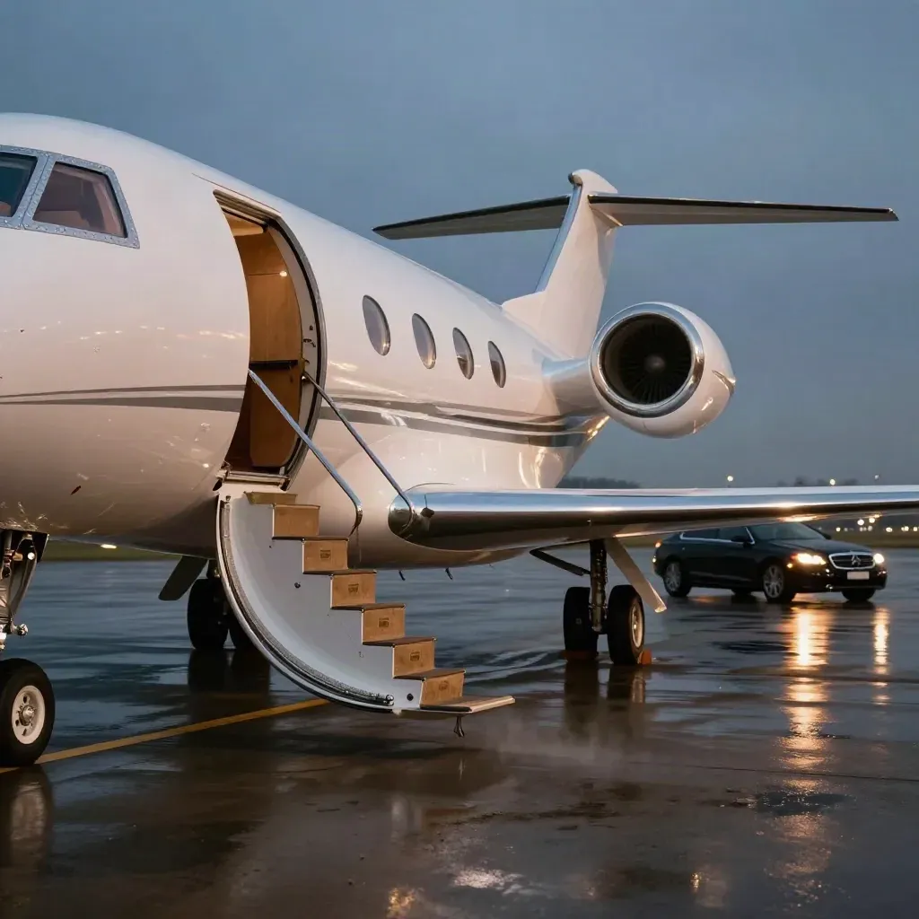 Private jet at a terminal on a wet apron beside an executive car at night.