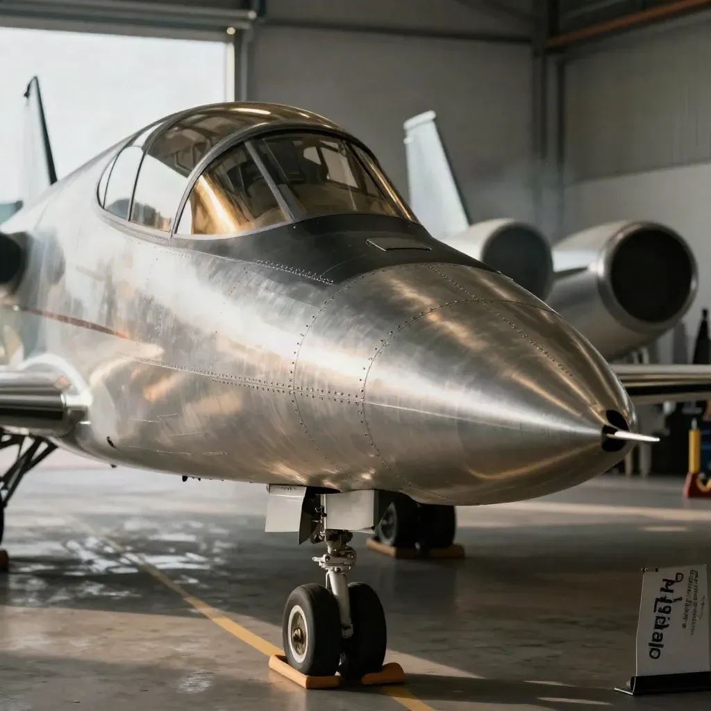 Polished private jet nose in a hazy hangar with aircraft silhouettes and chocks