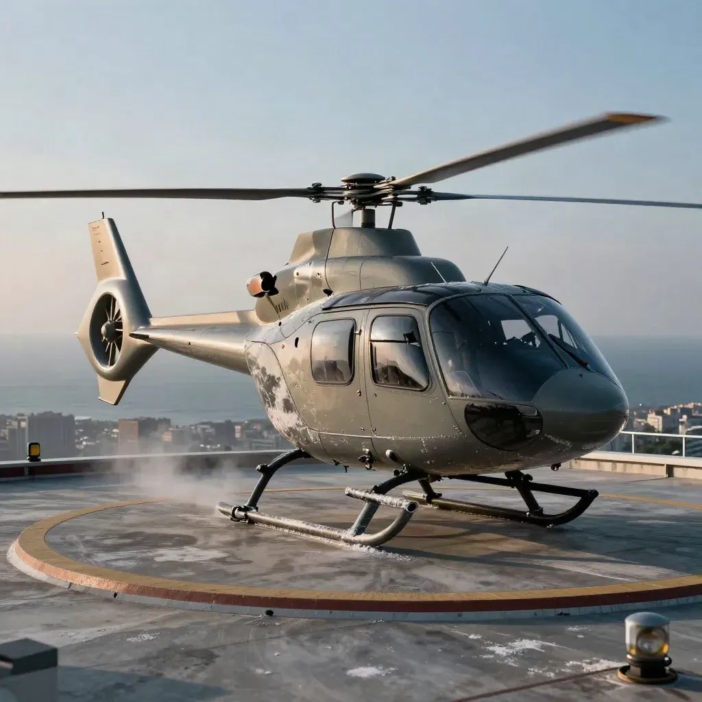 Helicopter settling on a rooftop helipad above a coastal city, with sea haze and an airport beyond.