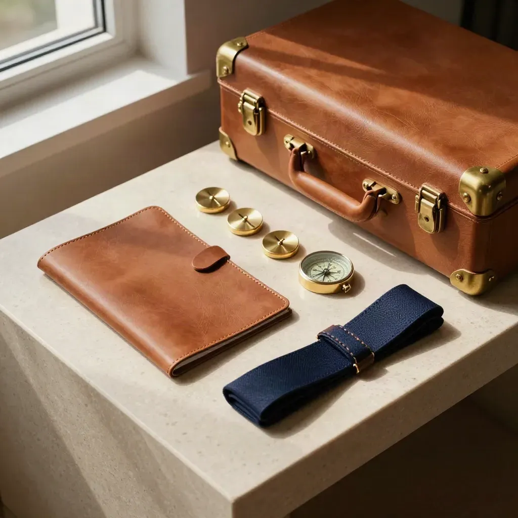 Travel kit, folio, brass pins and compass arranged on travertine in warm window light.