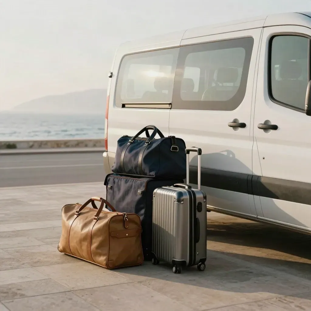 Sunlit transfer van with stacked luggage and a hazy Balearic shoreline beyond