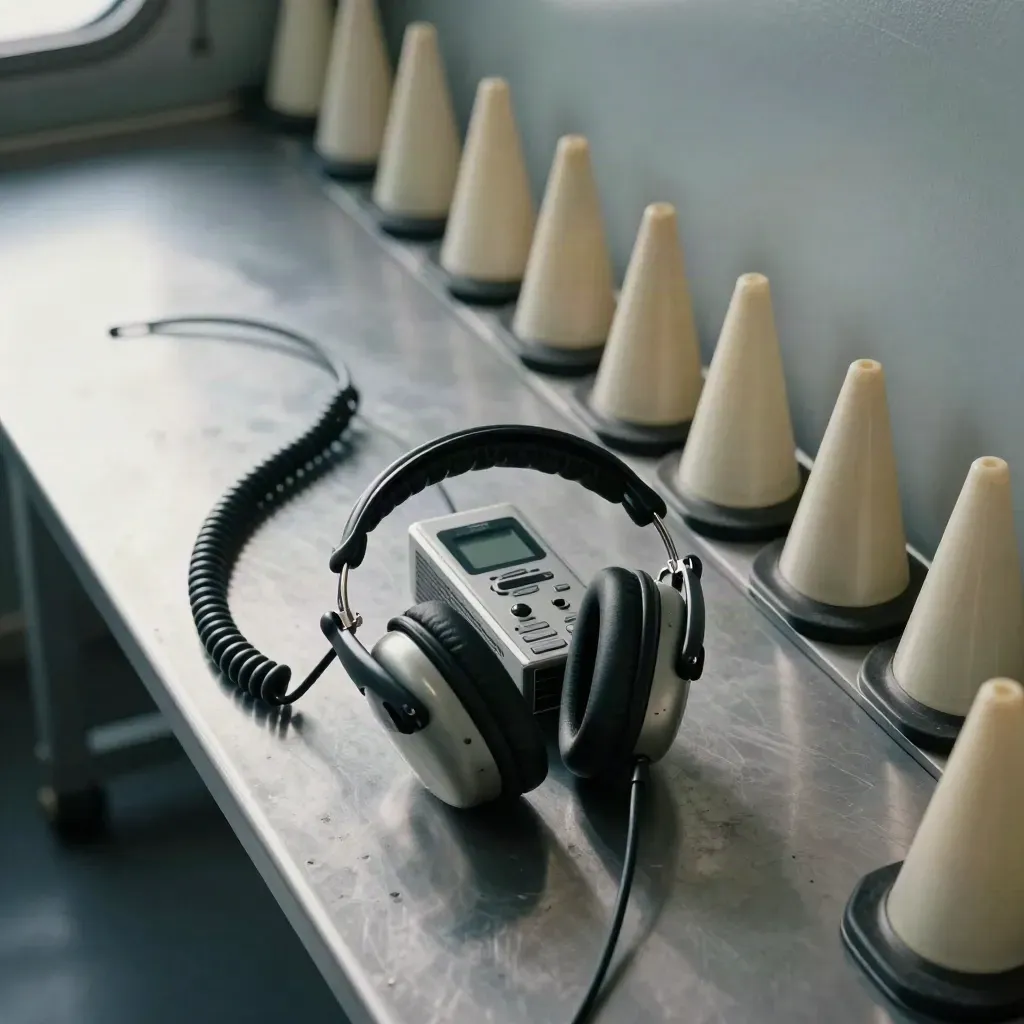 Top-down operations kit with headset, radio unit and safety cones on a brushed tray