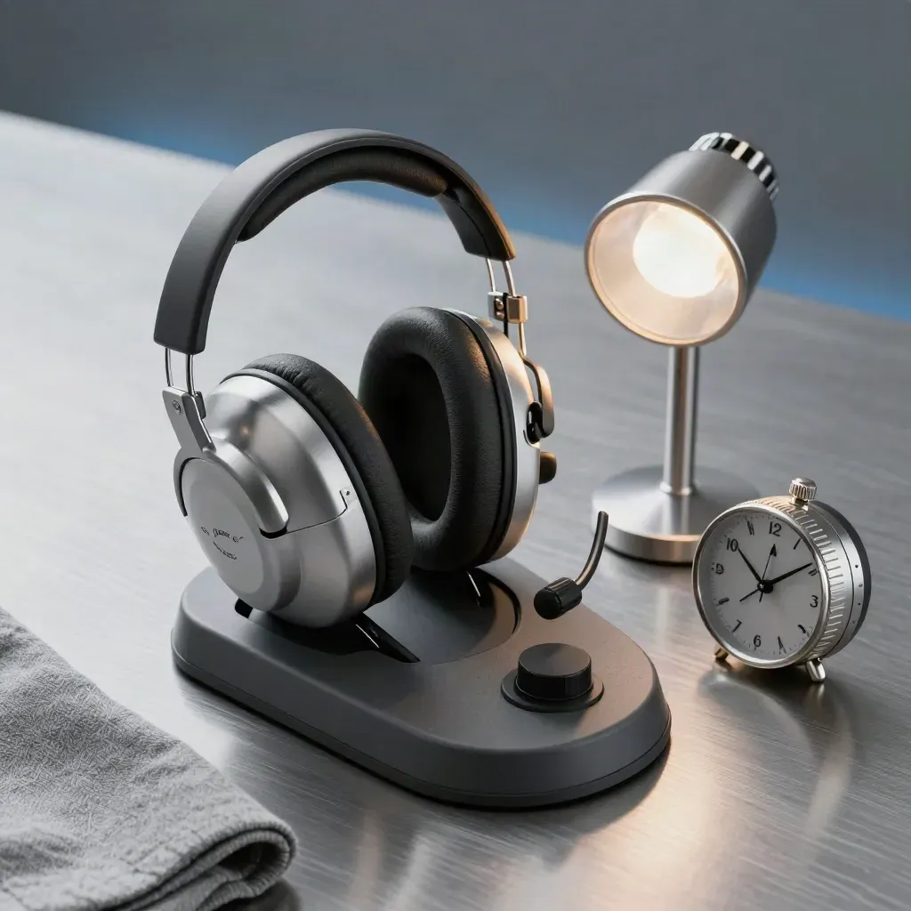 Overhead still life of a headset dock, operations lamp, and turned departure clock on brushed metal.