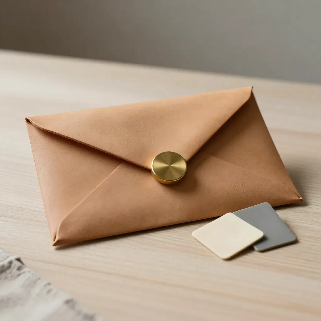 Leather envelope, brass token and aircraft swatches on pale wood in soft side light.